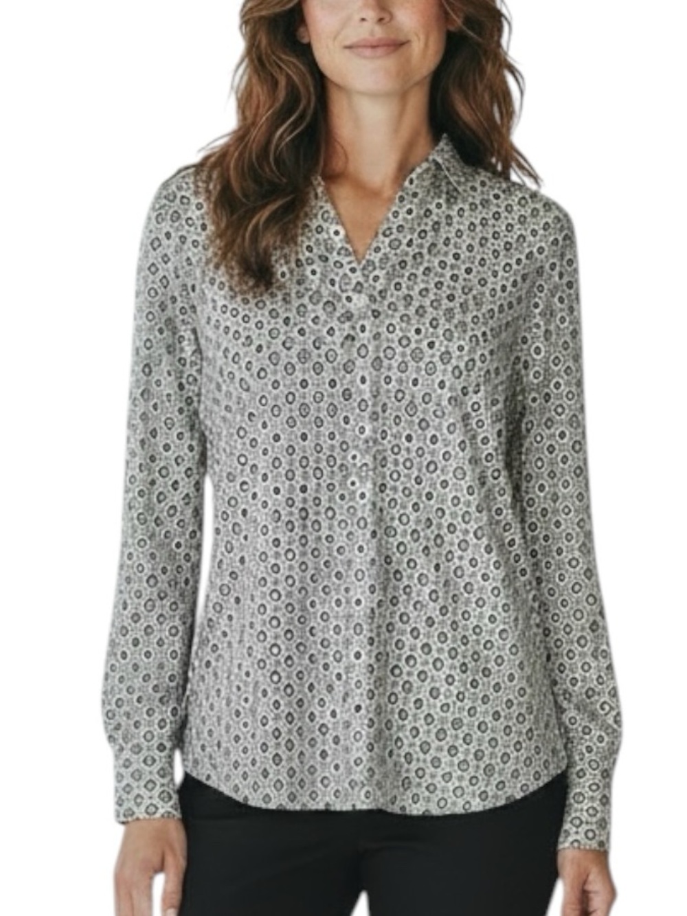 NWT ADRIANNA PAPELL Long Sleeve Printed Pullover Collar Blouse Size Large